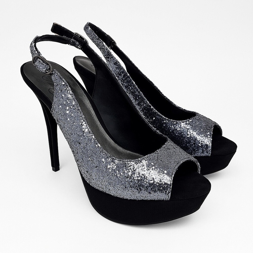 Fergie Heels Women 8 5 Black Silver Glitter Peeptoe Slingback Platform NEW